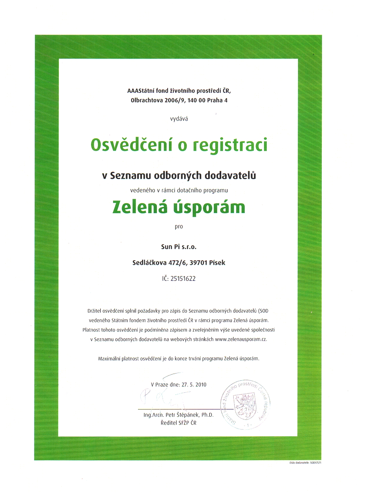 Zelená úsporám - osvěčení o registraci v SOD